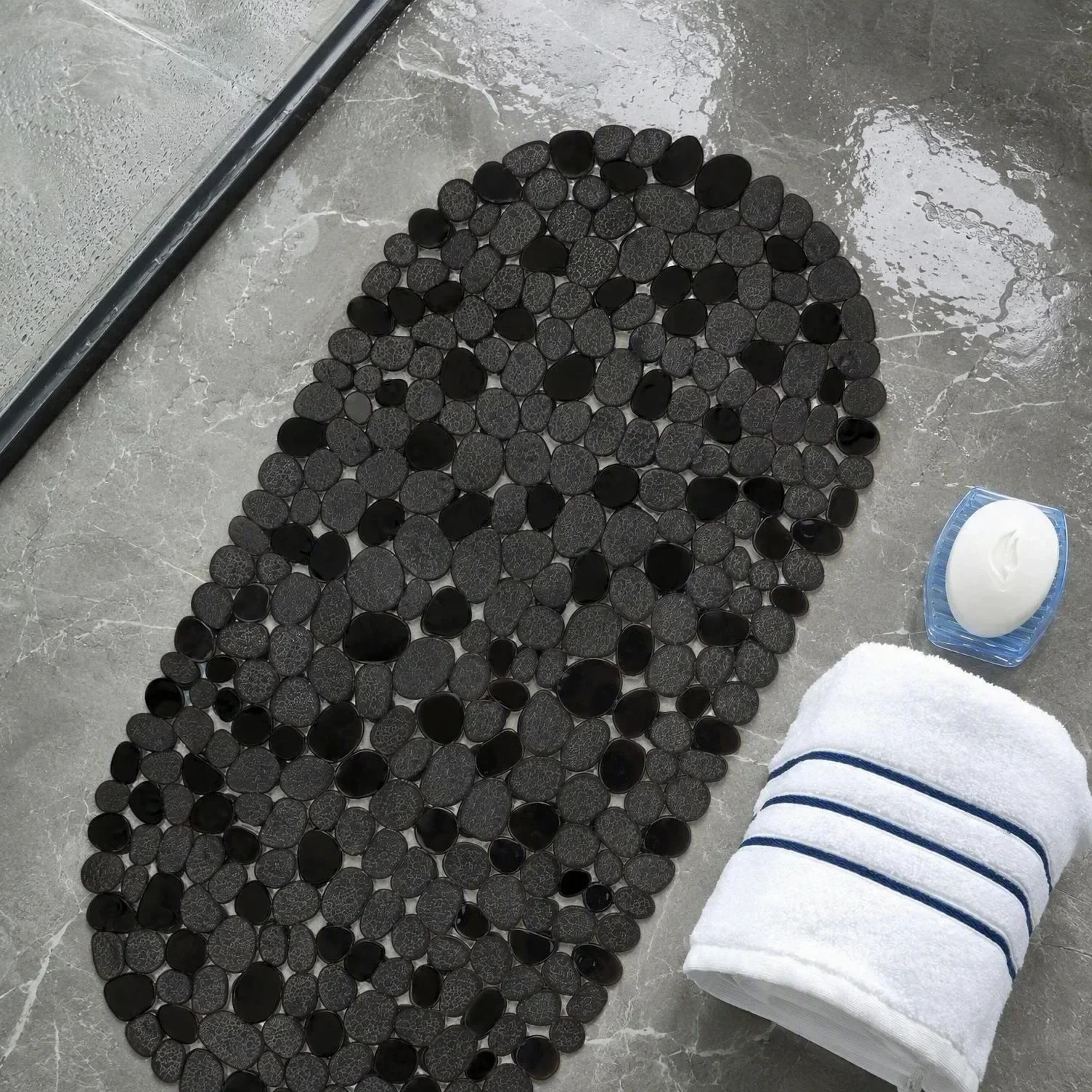 1pc 36×69cm Oval Pebble Non-Slip Bath Mat, PVC Shower Mat with Suction Cups & Drain Holes for Bathroom