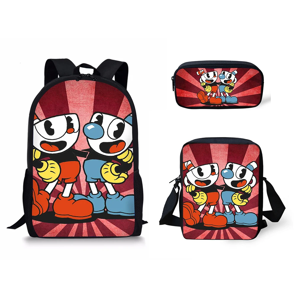 Mochilas escolares clásicas con estampado 3D de Cuphead, bolso de hombro inclinado para ordenador portátil, estuche para lápices, 3 unidades por juego