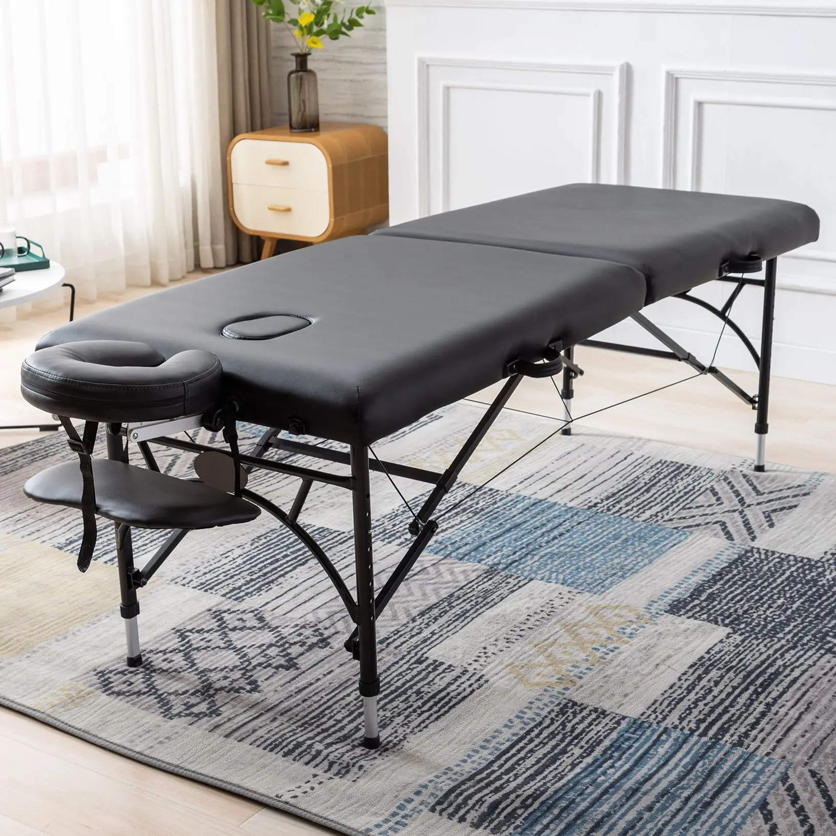 Portable Massage Table PU Leather Spa Bed 84.3x27.6x24.4-34.6 Inch 2 Section Wooden Adjustable Folding Massage Table Black[US-W]