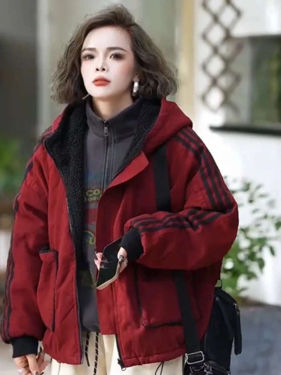 

Двусторонняя одежда Thiened Fce Cotton Jaet, женский свободный повседневный топ, модная верхняя одежда, зима 2025 года, винтажная одежда на молнии...