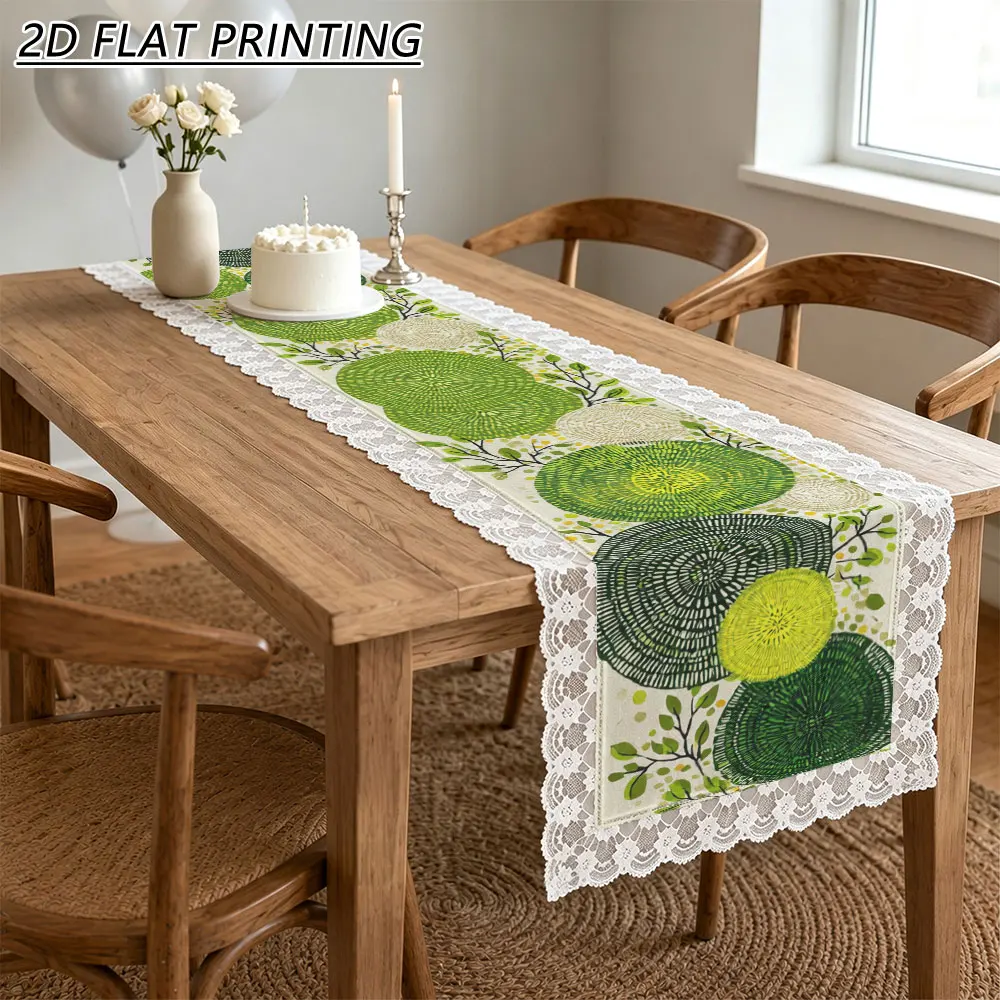 1pc Green Round Leaf Pattern Tulle Lace Table Runner For Farmhouse Festival Gathering