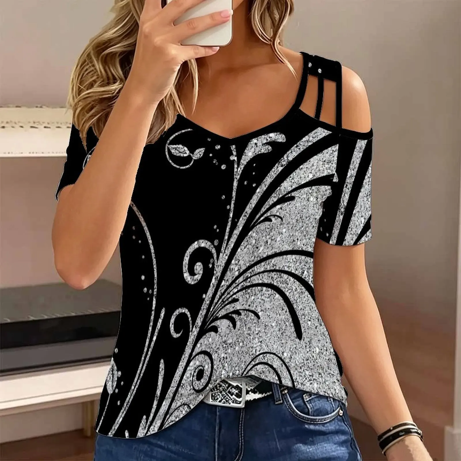 Plus Size Summer Ladies  Slim  Print Cold Shoulder V Neck T-shirt  Fashion Casual Women’s Top Commuting Vacation Beach Outfits