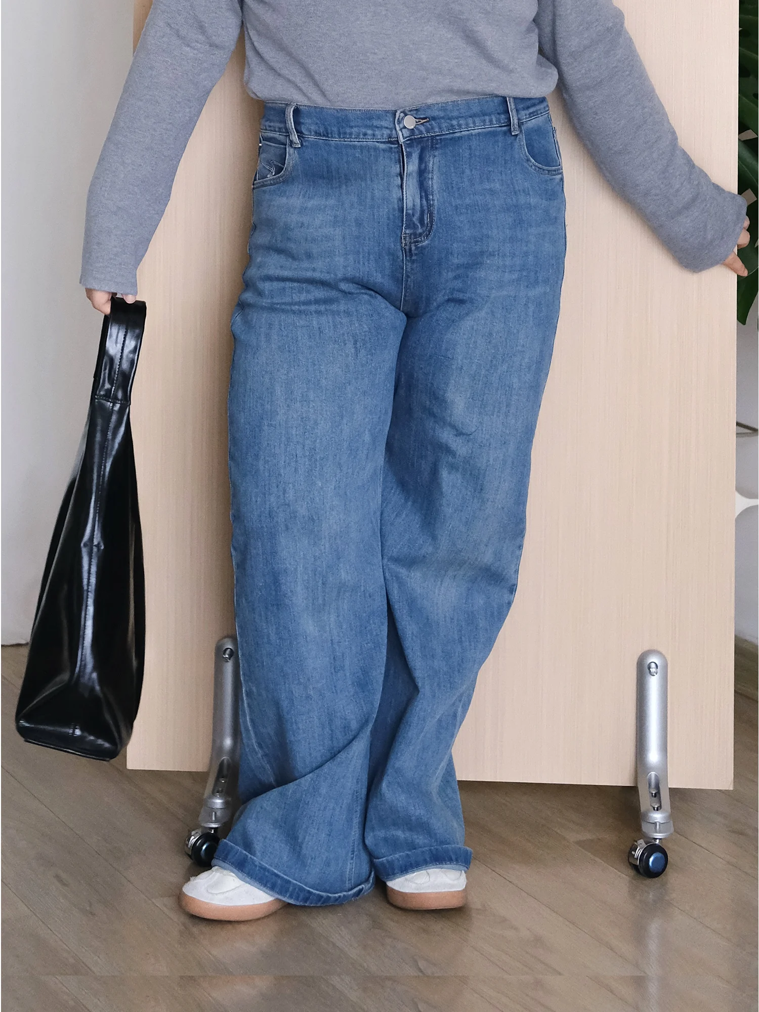 

Джинсы Zooobaby с высокой талией, прямые, женские, повседневные, широкие брюки, с эффектом похудения, корейский стиль, осенние, из смесового хлопка