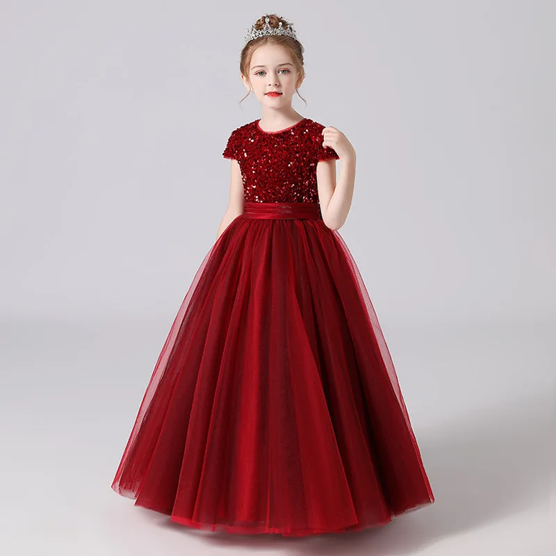 Flower Girl Wedding Party Dresses New Red Princess Dress Long Birthday Gowns Sequined Gown Round Neck Beauty Prom Customized