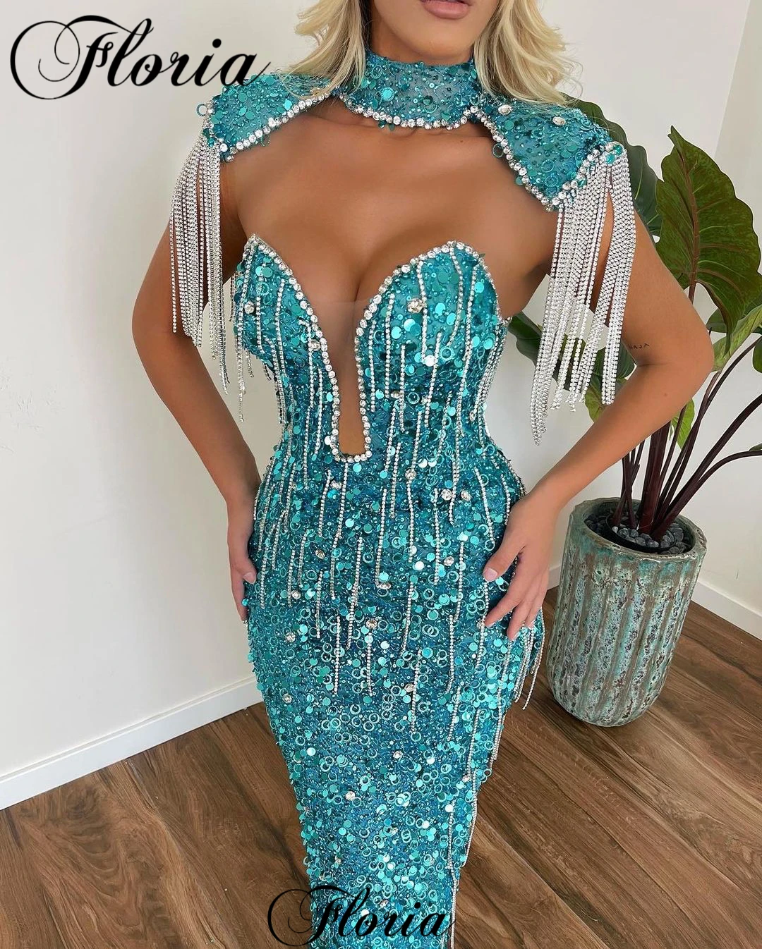 Two Pieces Blue Sequined Celebrity Dresses For Women Sleeveless Mermaid Cocktail Dresses With Crystals Vestidos De Noche 2023