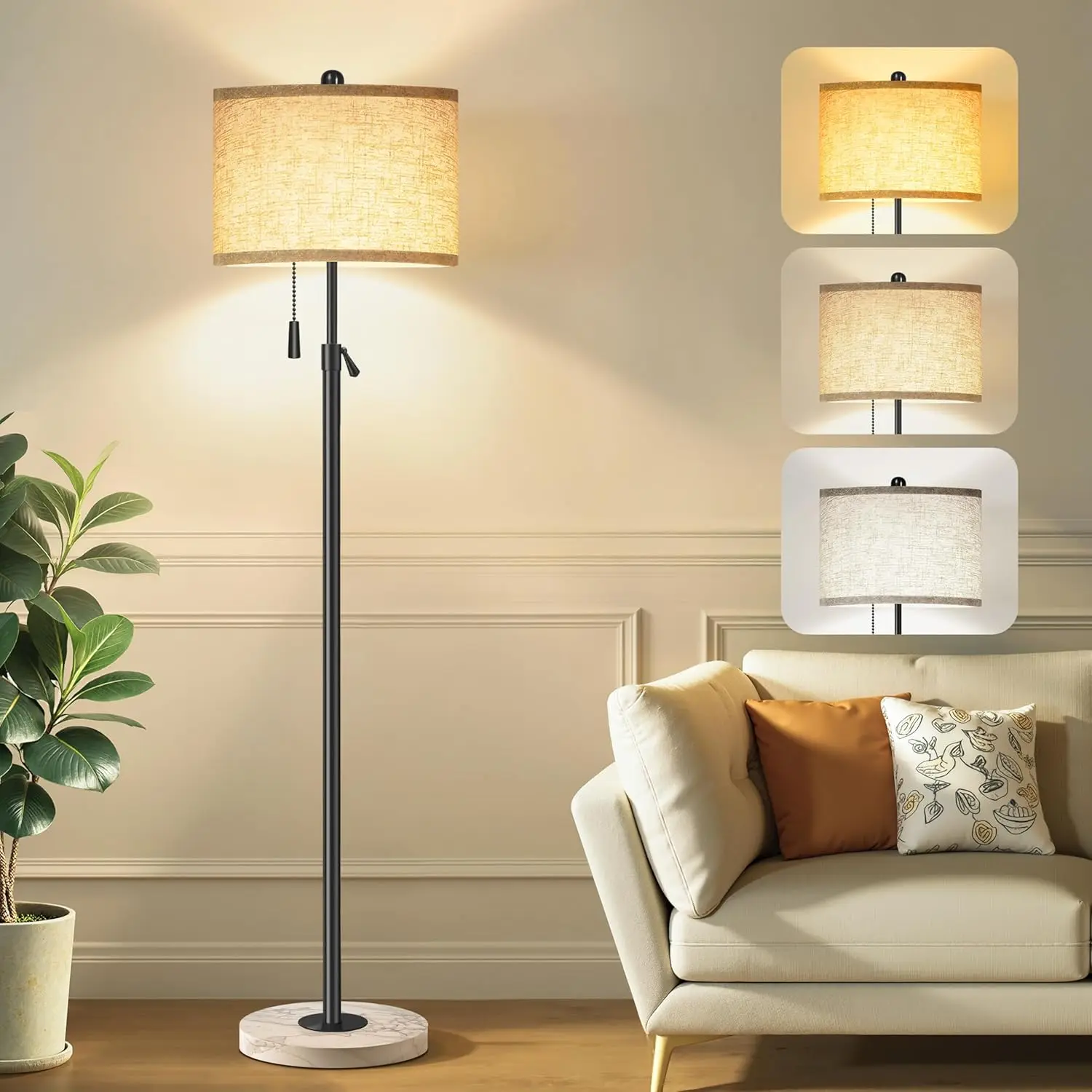 

Adjustable Height Floor Lamp with Marble Base & Linen Shade - 3 Color Temperatures for Living Room, Bedroom, Reading
