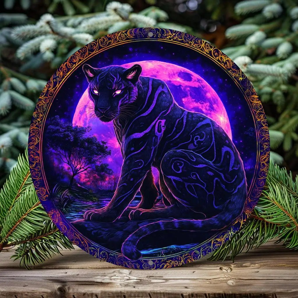 1 Stück, rundes Aluminiumschild mit Vintage-Black-Panther-Thema, 20,32 x 20,32 cm, 2D-Flachgedrucktes Metall-Wandbehang-Dekor für Bar, Küche,
