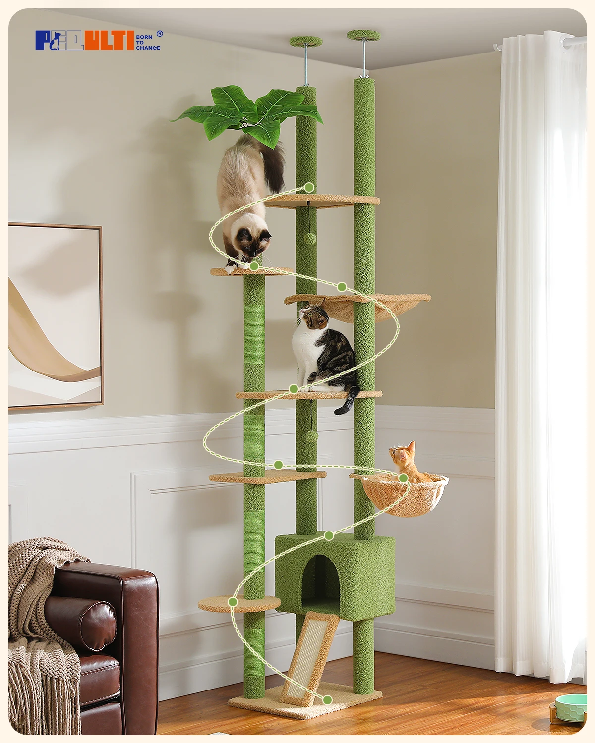 Cat Tree Cactus Floor to Ceiling Cat Tower Adjustable Height with Cat Condo Cozy Hammock and Scratching Post Tall Activity Tree