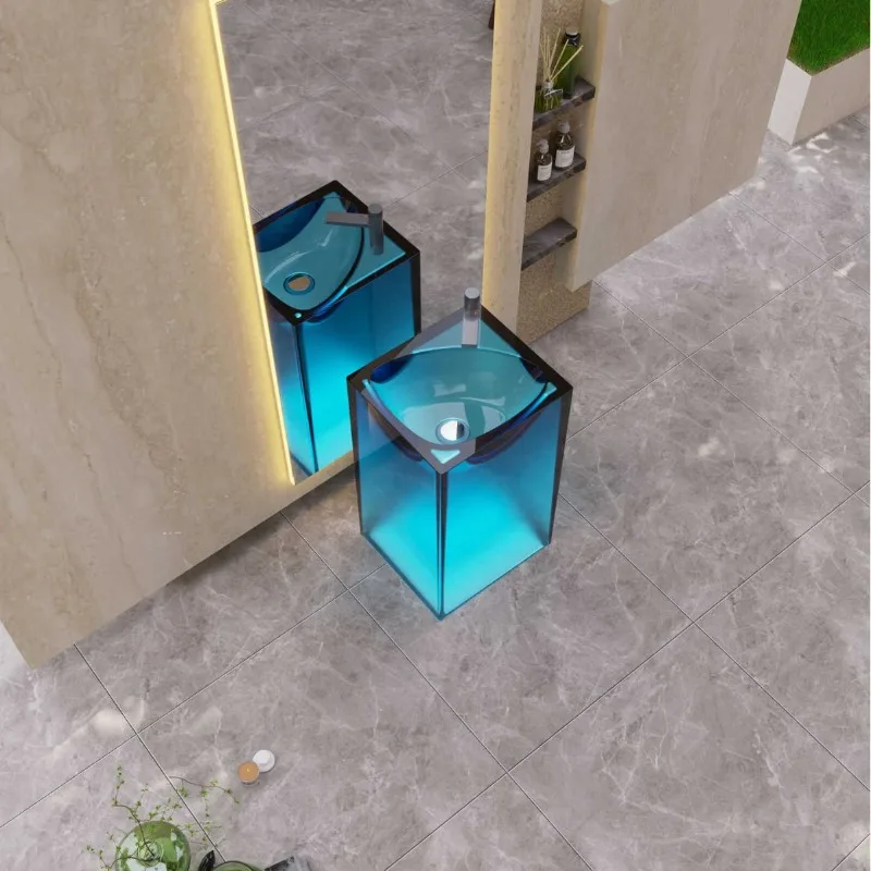 Transparent Resin Pedestal Basin All-in-One Floor Standing Wash Basin Artistic Vanity Sink for Bathroom