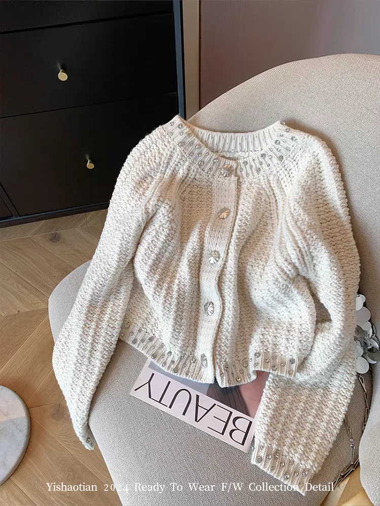 Autumn Winter Woman Vintage Thick Cardigan Sweater Long Sleeve Rhinestone Old Money Knitwears 2000s Aesthetic Warm Luxury Tide