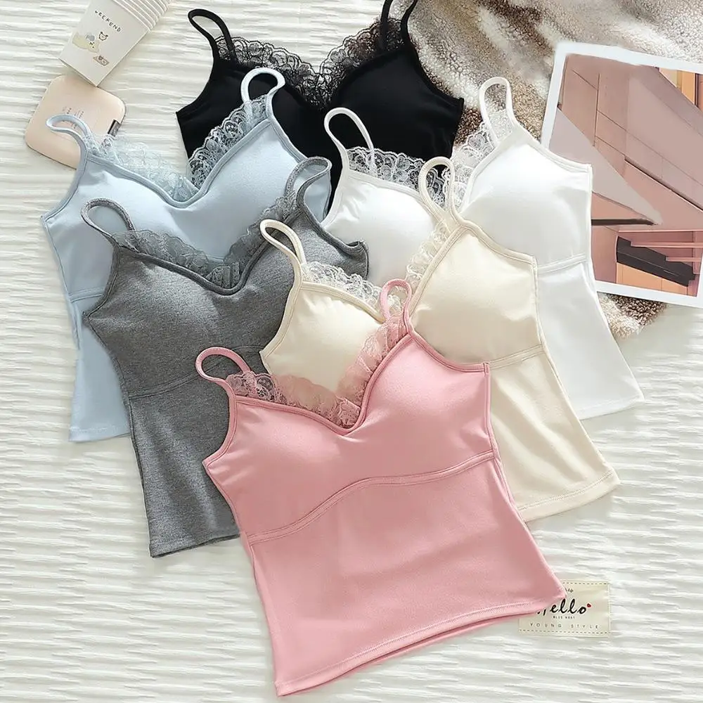 

Sexy Lace Neck Women's Camisole Summer Sleeveless Tank Tops with Chest Pad Solid Color Slim Vest Summer Y2k Girls Tee Tops