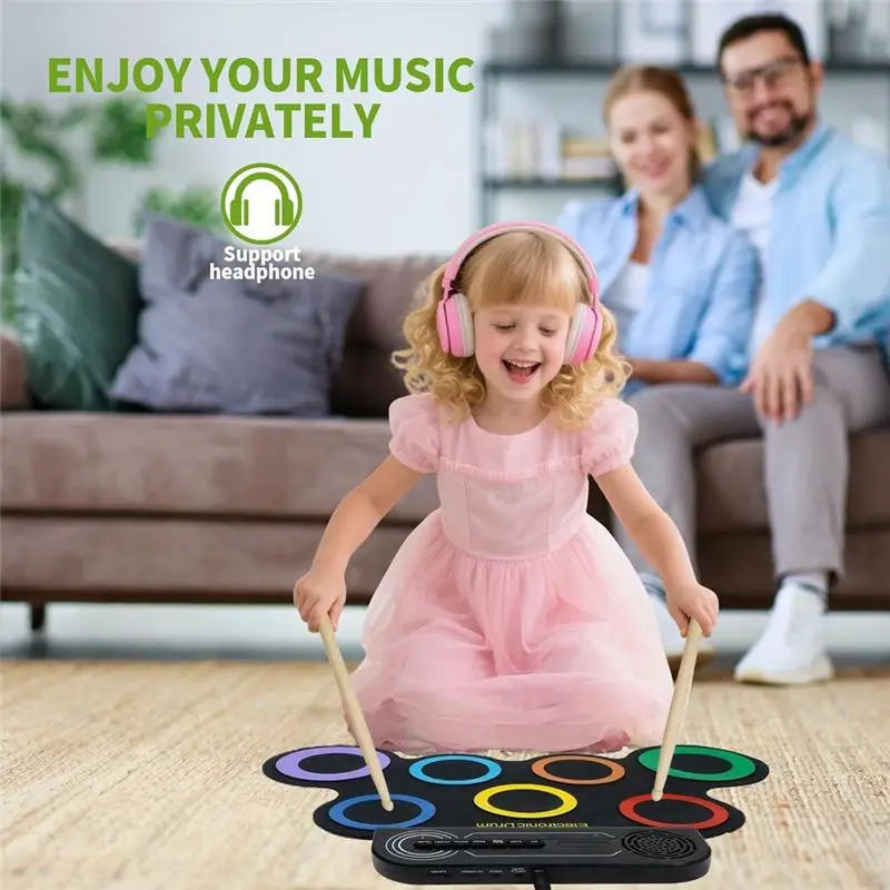 ABKV-Electric Drum Set For Kids With Built-In Speaker, Portable Practice Pad Kit Featuring Roll-Up Design, Ideal Gift