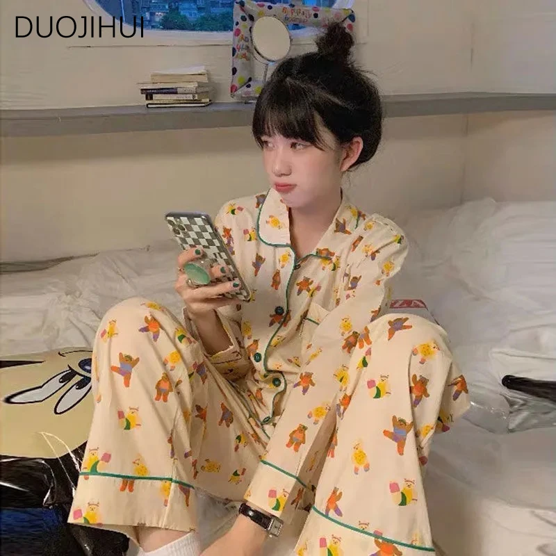 Duojihui ins klassische zweiteilige weibliche Pyjamas setzen Herbst neue schicke Druck süße einfache Mode lässig nach Hause Pyjamas für Frauen