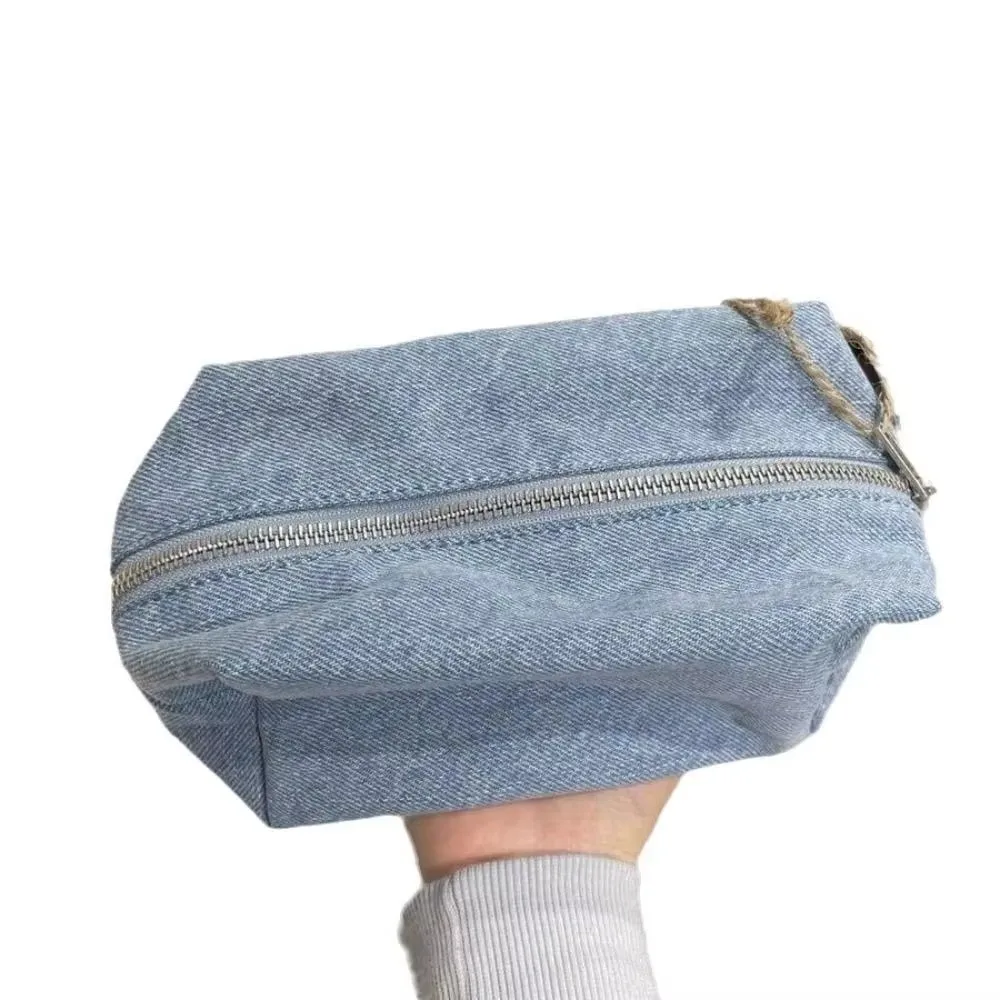 Vintage Solid Color Makeup Bag Zipper Blue Denim Storage Bag Korean Style Jean Material Travel Organizer Travel