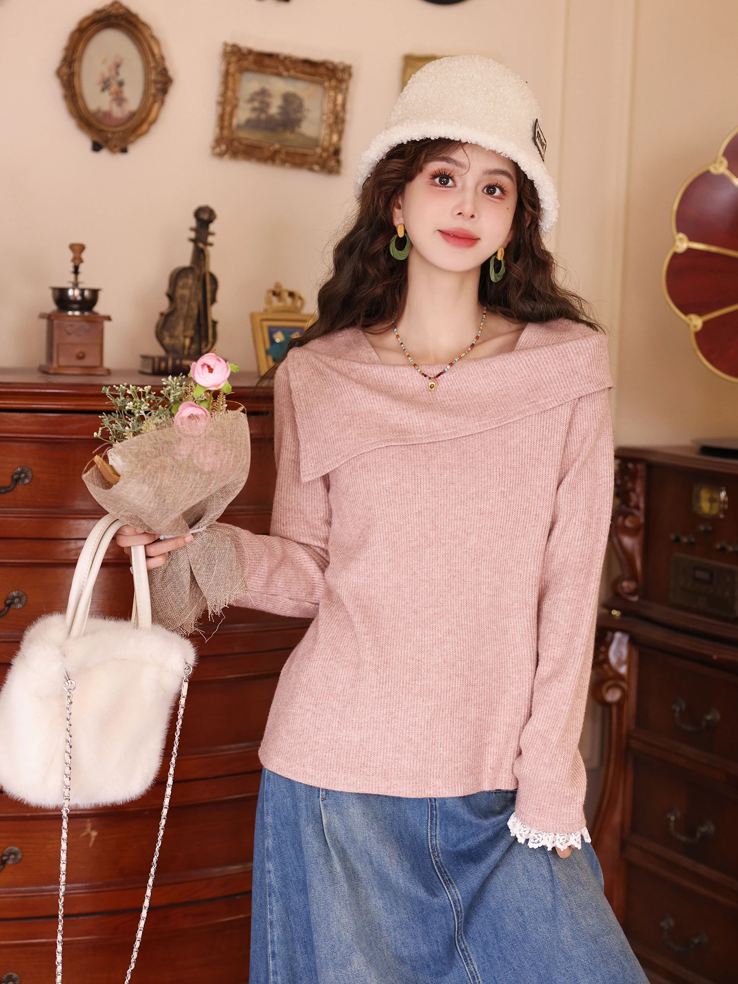 

Ранняя осень, вязаный длинный све, одно плечо, тщательно дизайн, дышащий модный женский топ от Chen Jiajie