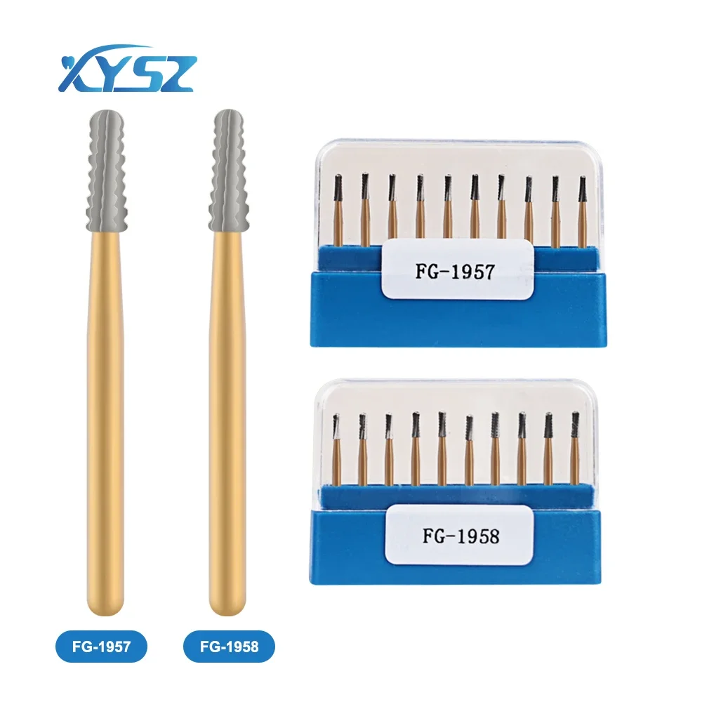 XYSZ 10Pcs/Box FG1957/FG1958 Dental Carbide Burs Golden High Speed Tungsten Steel Crown Metal Cutting Burs Dentistry Tools