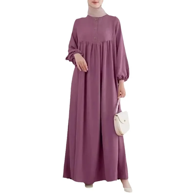 Casual Puffed Sleeves Simple Solid Color Dress for Women Islam Muslim Dress Women Clothes Dubai Abayas African Robe Musulmane