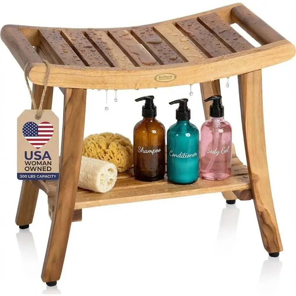 

24 Inch Harmony Natural Color Waterproo Teak Wood Shower Bench Stool Seat Chair or Inside Shower Storage Shel Provides Saety, St