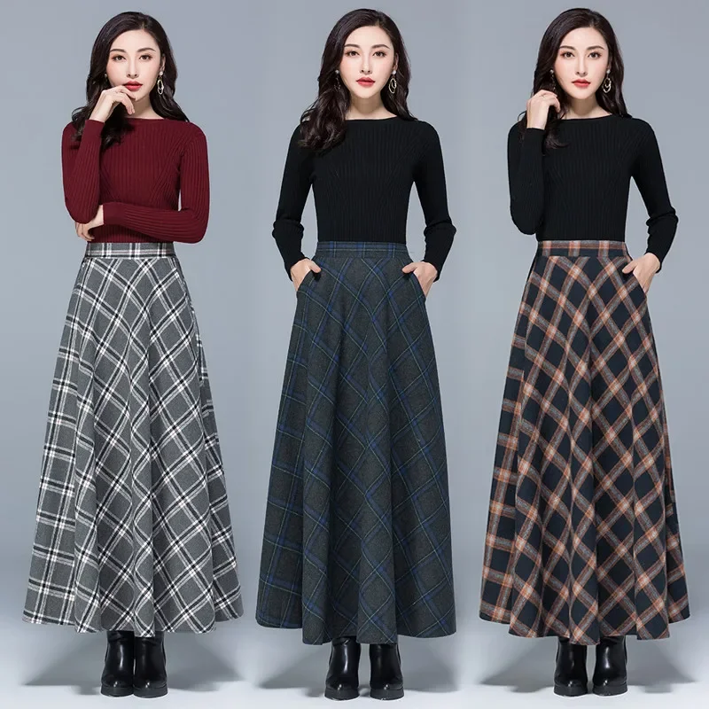 Mãe cintura alta saias xadrez de lã 2022 outono inverno feminino 3xl lã maxi saias moda feminina casual longo streetwear