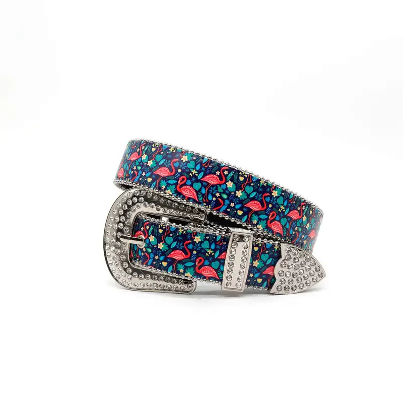 Original Design, Novel and Fashionable Flamingo Print Belt for Women, Artificial Inlaid with Rhinestones, Alloy Buckle Belt,