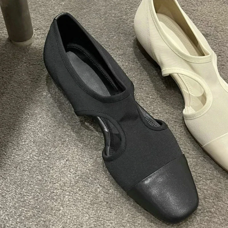 Zapatos planos sin cordones con punta cuadrada para mujer, zapatillas informales de tela elástica sólida, 2024