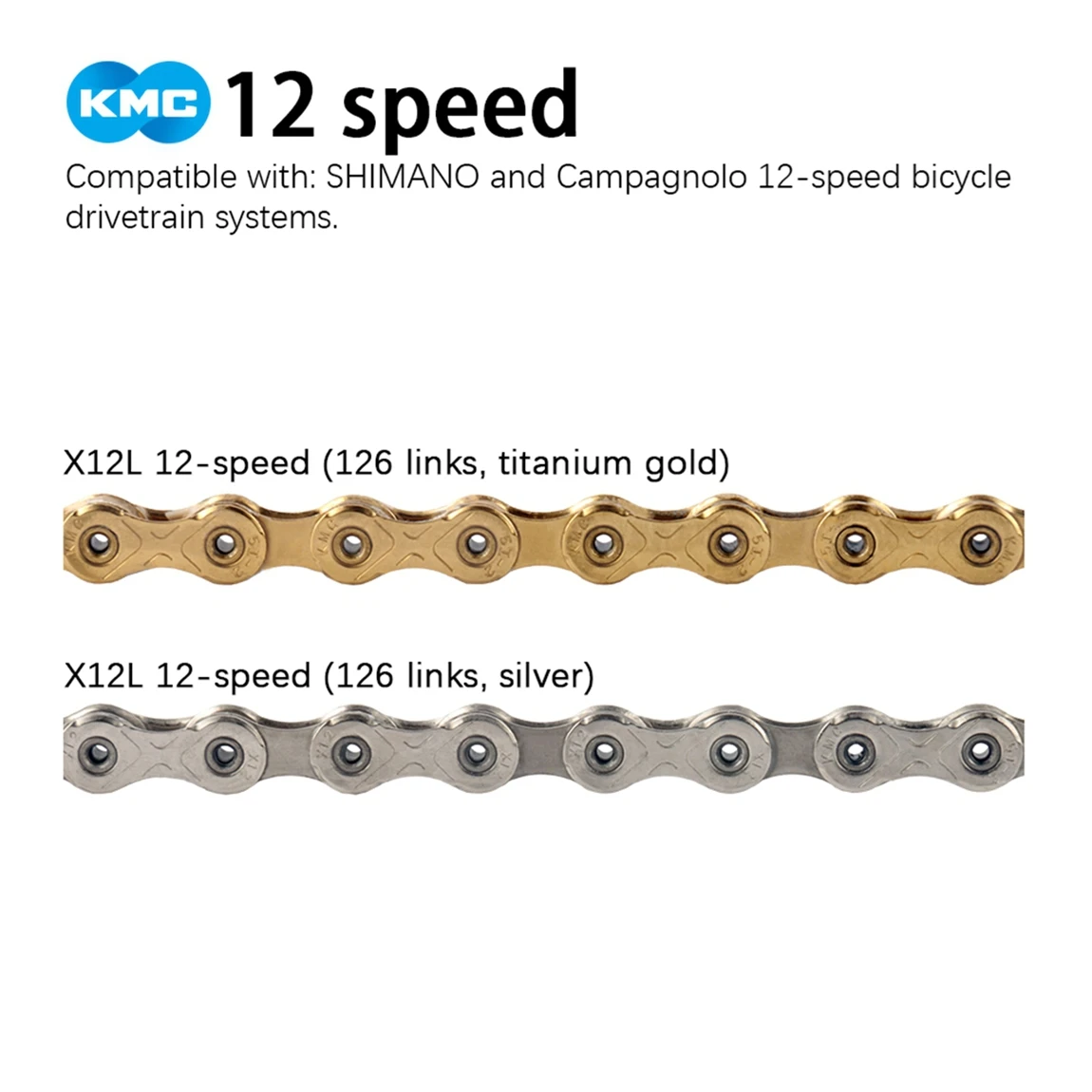 Cadena de Bicicleta KMC de 12 Velocidades X12L, Ligera, para Bicicleta de Montaña y Carretera, 126 Eslabones Encerados, Compatible con Shimano M8100 R7100 R8100