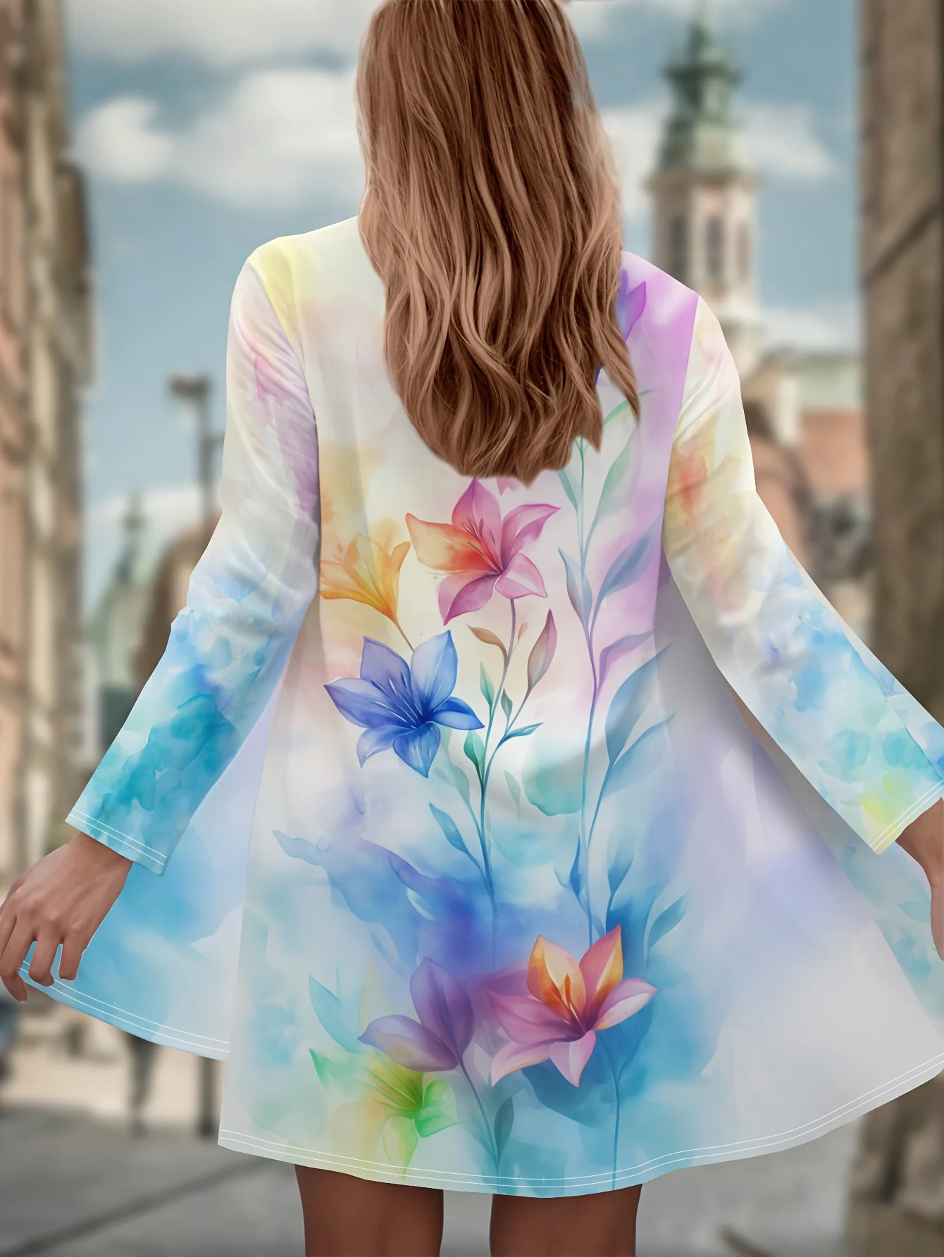 

Кардиган больших размеров с цветочным принтом, V-образный вырез с открытой передней частью, мягкий эластичный полиэстер, накидка с длинными рукавами, элегантная повседневная одежда