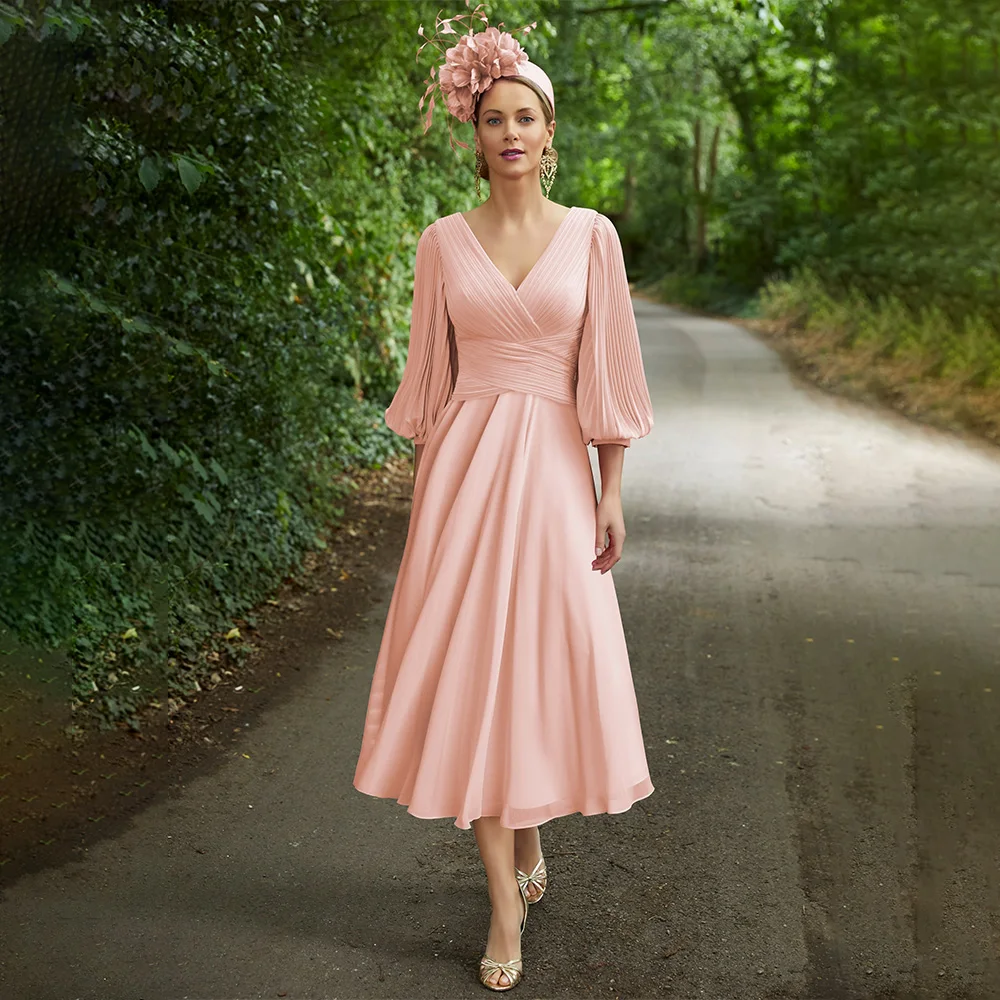 

Mother of the Bride Dress for Weddings Pale Pink Pleated Chiffon Midi Wedding Guest Gowns Women 2023 A Line Short Party Gown