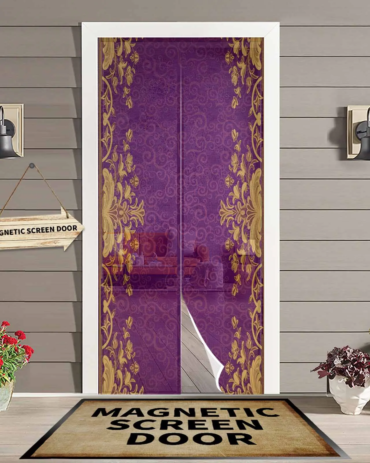 

Gorgeous Purple Baroque Flower Magnetic Door Curtain Living Room Bedroom Home Anti-mosquito Screen Door Curtain