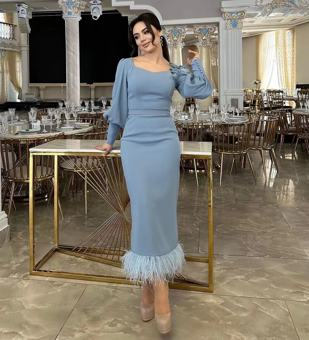 

Fashionvane Square Neck Mermaid Evening Dresses Applique Feathers Edge Tea Length Prom Dress Long Sleeves for Special Occasion
