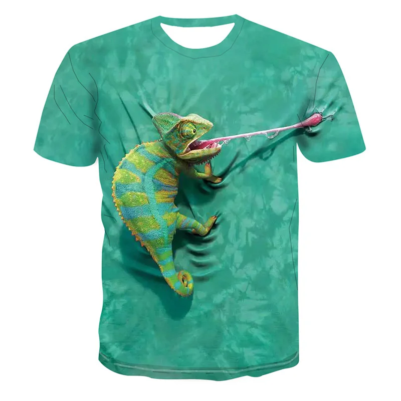 Summer New Popular Men\'s T-shirt Chameleon 3d Animal Print Fashion Street Trend O-neck Quick-drying Light Sports Short Sleeves