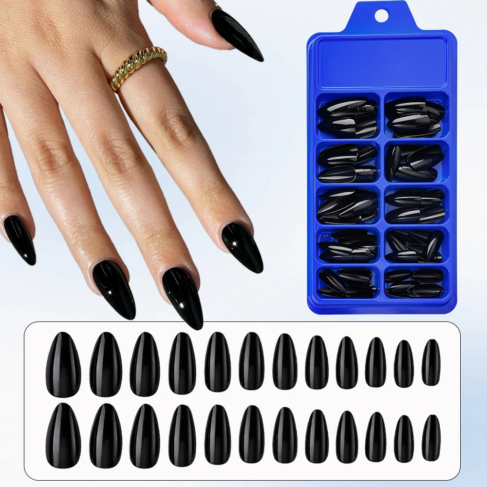 100pcs/Box Black Almond Press On Nails Medium Length Glossy Solid Color Fake Nails Water Drop Shaped Halloween Dark Style Nails*