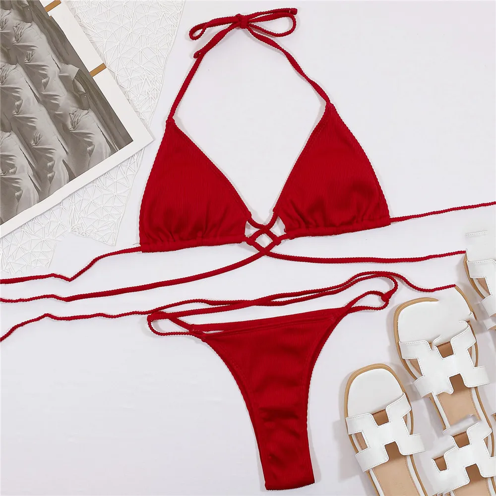 Sexy Brown Swimsuit String Halter Micro Thong Bikini 2025 Ribbed Swimwear Women Brazilian Triangle Bikinis Sets Bathing Suit