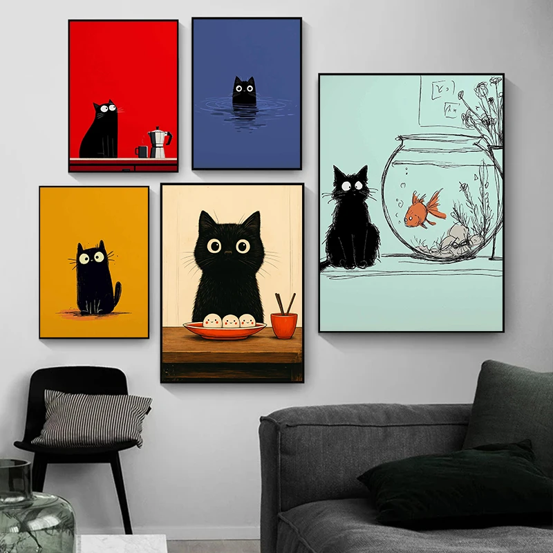 Vintage japonés Espresso Sushi Ramen gato negro cocina comida ilustración cartel lienzo pintura pared imágenes decoración del hogar