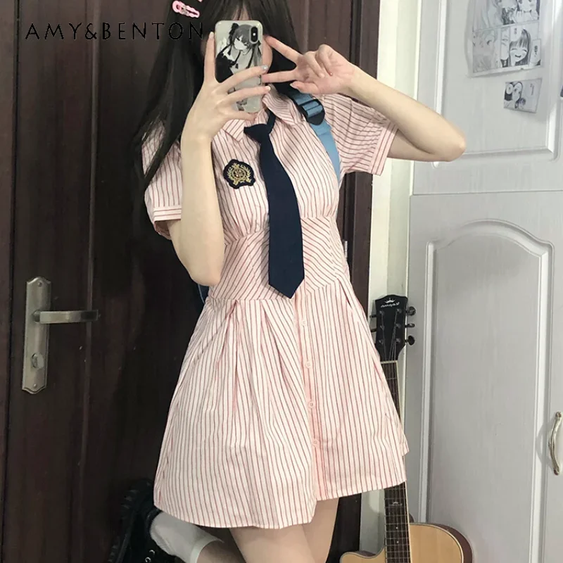 

2024 New Japanese Jk Original Summer Short Sleeves Slim Fit and Thin College Style Pink Striped Shirt Casual Dress For Girls