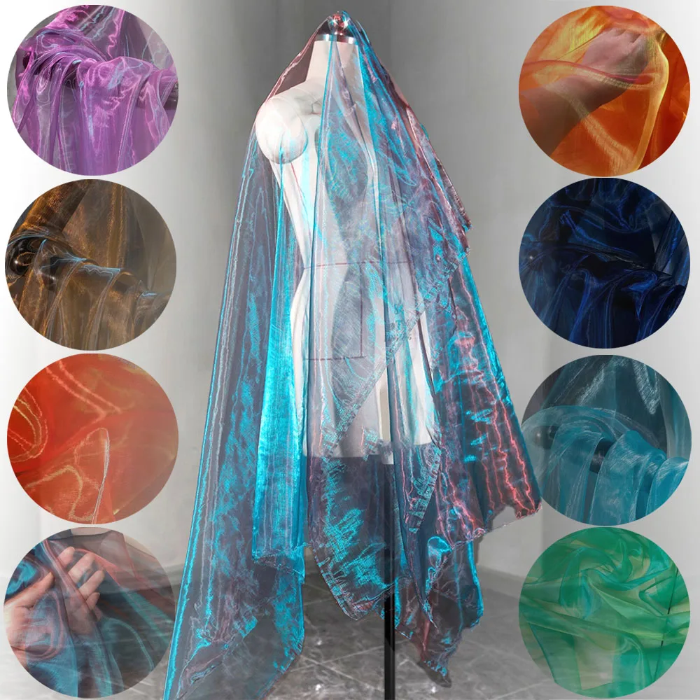 Laser Gradient Organza Tull Fabric For Sewing Dress Bride Veil Supplies Soft Yarn Background Wholesale Gauze DIY Cloth