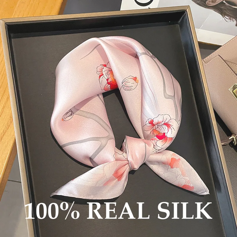 

100% Natural Silk Square Scarf Women 2026 Print Small Bandana Hair Headscarf Ladies Neckscarf Real Silk Scarves Shawl Wrap Hijab