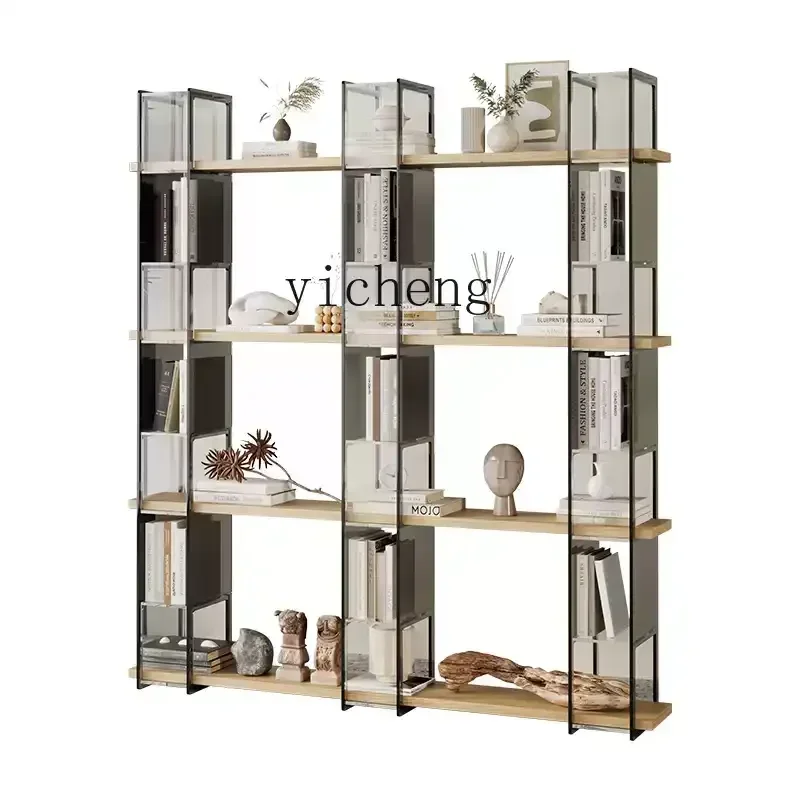 

minimalist acrylic suspended floor storage bookshelf to the living room, solid wood full wall, multi-layer floor storage