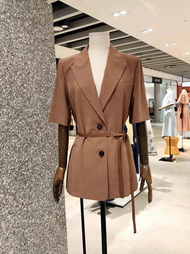 

Ele Korean Sle ort Sve Suit Jaet with Waist Cinching Tie Ne Design for Young Profional Women