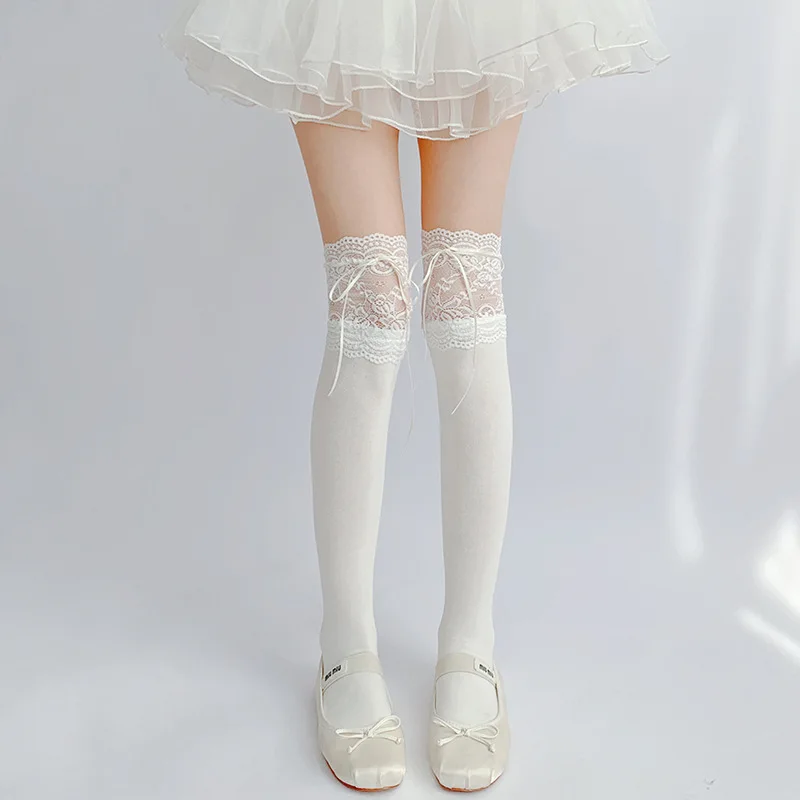 Thigh High Socks Knit Lace Bowknot Autumn and Winter Thick Leg Warmers Stockings White Black Lolita Cute Over the Knee Socks