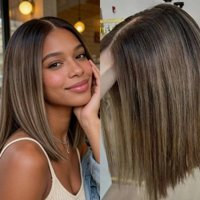 

14-дюймовый синтетический парик HD Lace Front с эффектом омбре: коричневый с блондом, короткий прямой боб, с предварительно проработанной линией роста волос и детским волоском