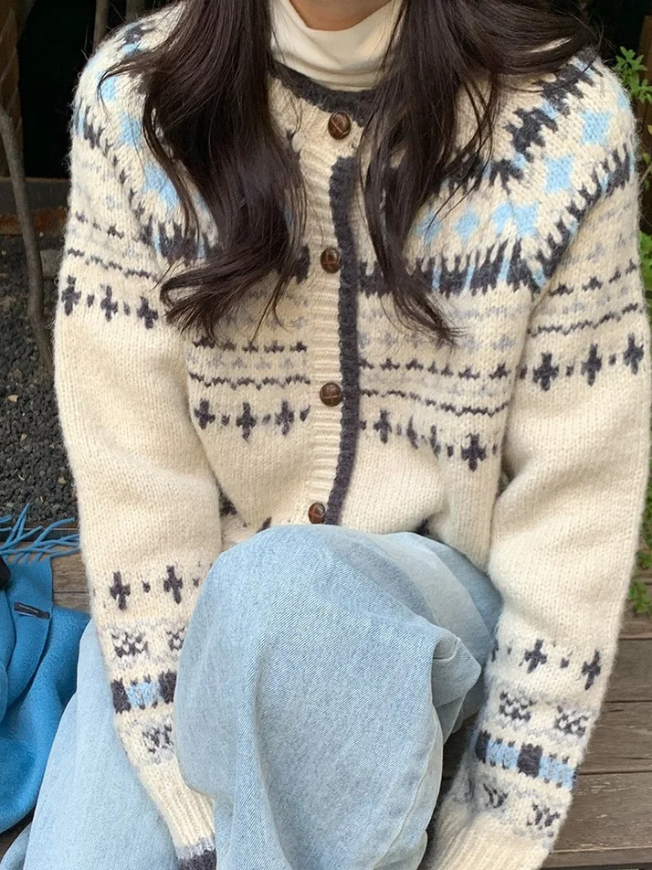 

Ретро Fair Isle Knit круглый свитер Ne, пальто, весна-осень, свободный полосатый открытый кардиган, элитный цветной блуэт в полоску