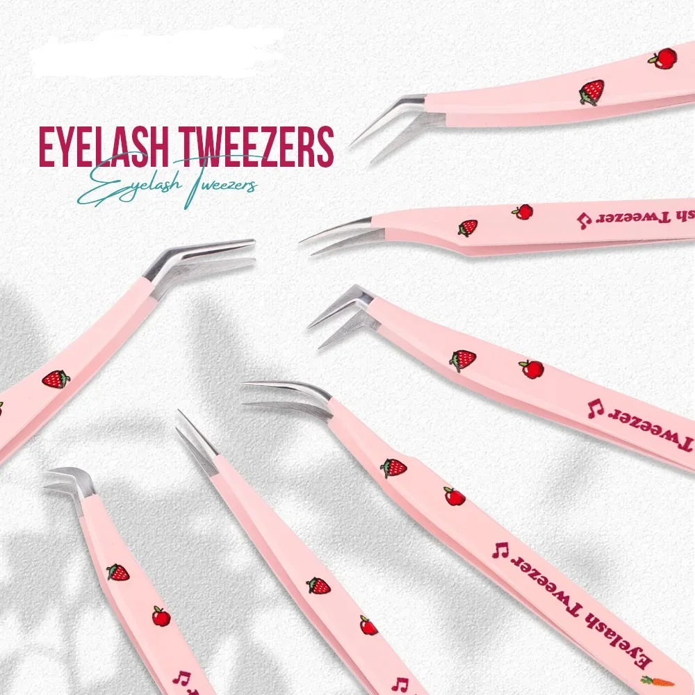 

Eyelash Tweezers Pink Strawberry Stainless Steel Tweezers High Precision Anti-static Eyelash Extension Cosmetic Tweezers