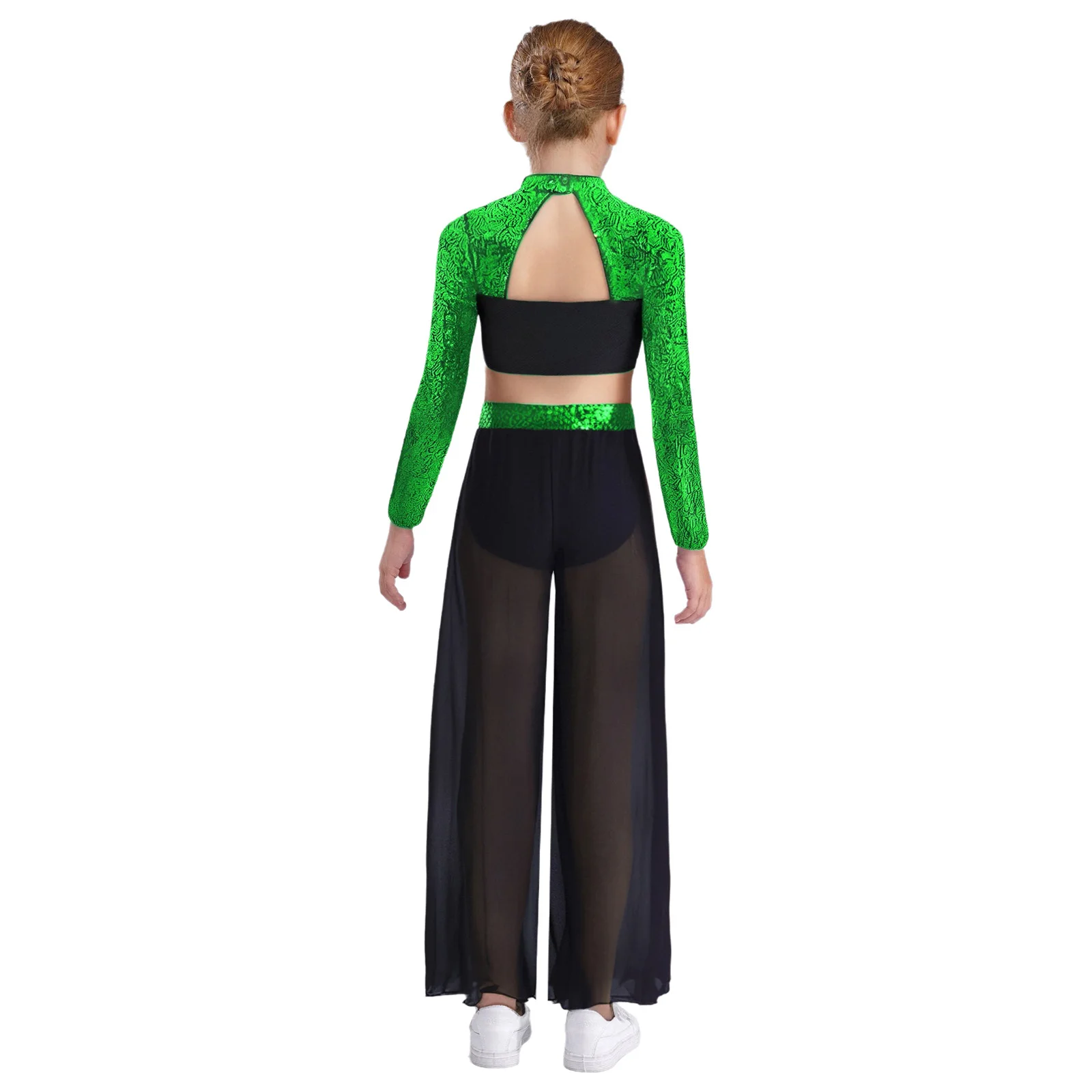 Kids Girls Jazz Dance Outfit Mock Neck Long-Sleeved Sequins Crop Top with Side Slit Dance Pants Latin Tango Salsa Jazz Costume