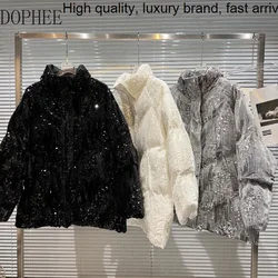 Sequins Velvet Sparkling Women Wadded Jacket 2023 New Winter Gradient Stand Collar Zip Loose Long Sleeve Cotton-paeed Coat