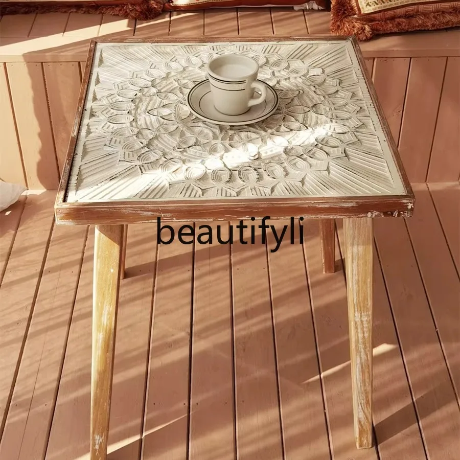 

French Retro Solid Wood Coffee Nordic Style Carved Dining Table European Small Square Table