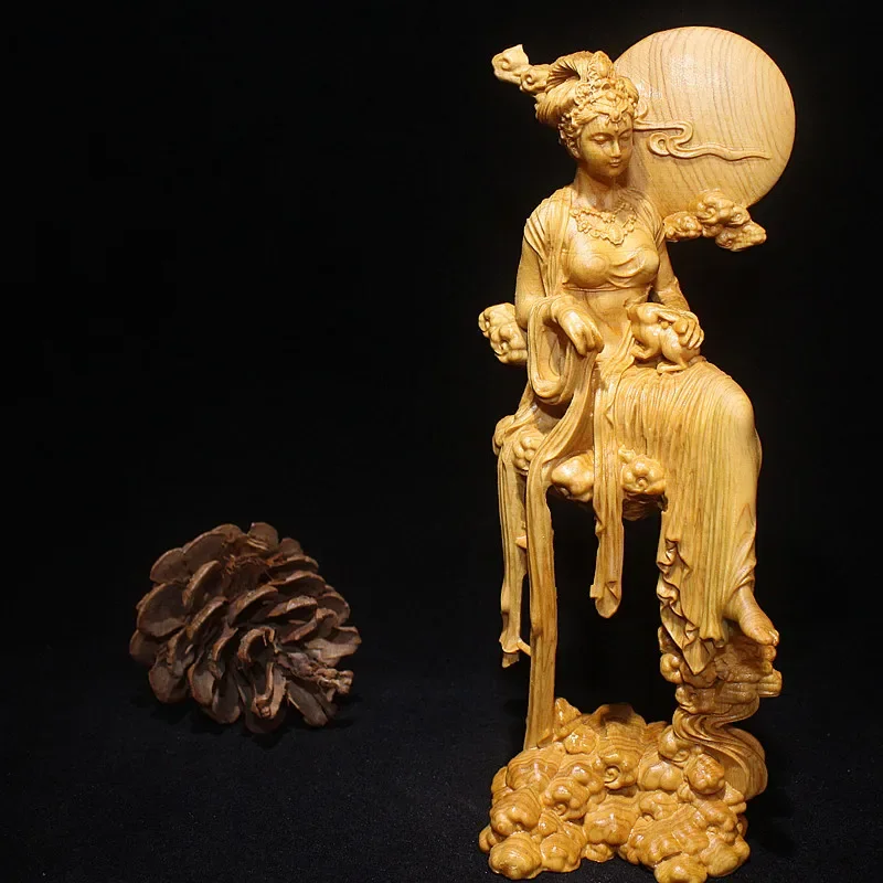 Natural Solid Wood Chang'e Fairy Characters Statue, Hand-carved Mythology Jade Rabbit Lmmortal HomeRoomOffice Decoration Artwork