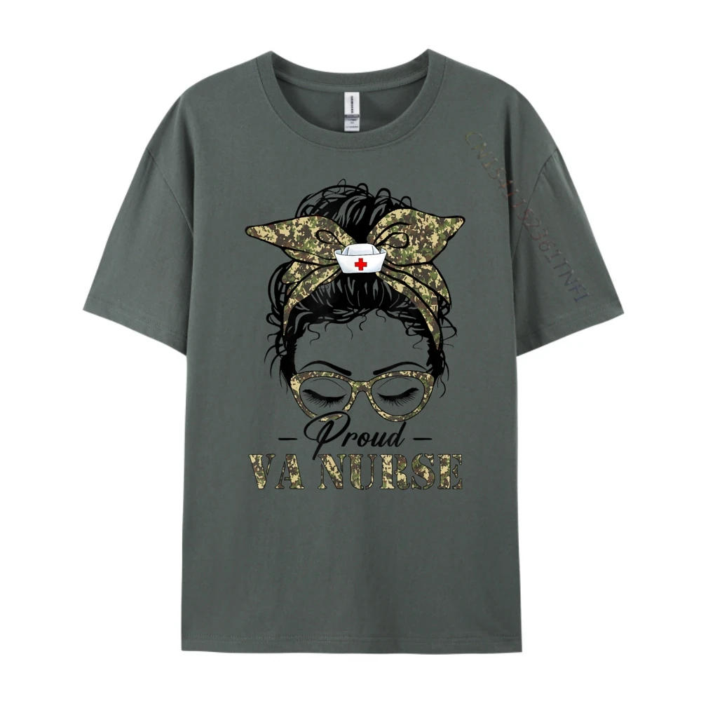 Messy Bun Va Nurse Camouflage Print Army Nurses Blank T Shirt 100℅ Cotton Short Sleeve T-Shirt Casual