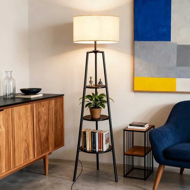 Floor Lamp with 3-Tier Shelves, 160cm Tall Standing Light with Linen Lampshade for Living Room Bedroom