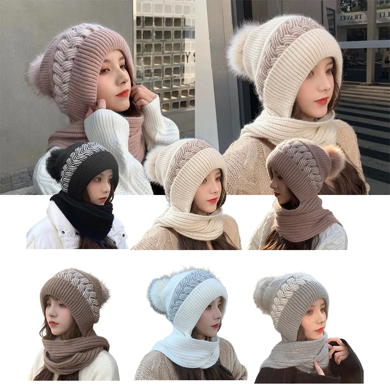 

Fleece Lined Thermal Beanie Scarf Women Winter Knit Ear Neck Protection Cycling Hood Outdoor Plush Wool Hat Must Have